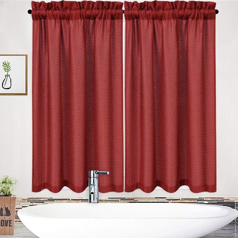 NANAN Waffle Kitchen Curtains 45 inch Long Casual Weave Small Window Curtain Kitchen Bathroom Basement Bedroom Drapes - 30" x 45", Burgundy, Set of 2 - Image 2